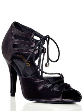 Burju - Black Lace-Up Peep Toe Strappy 3.5" Ballroom Heels w Suede Sole (Dance)